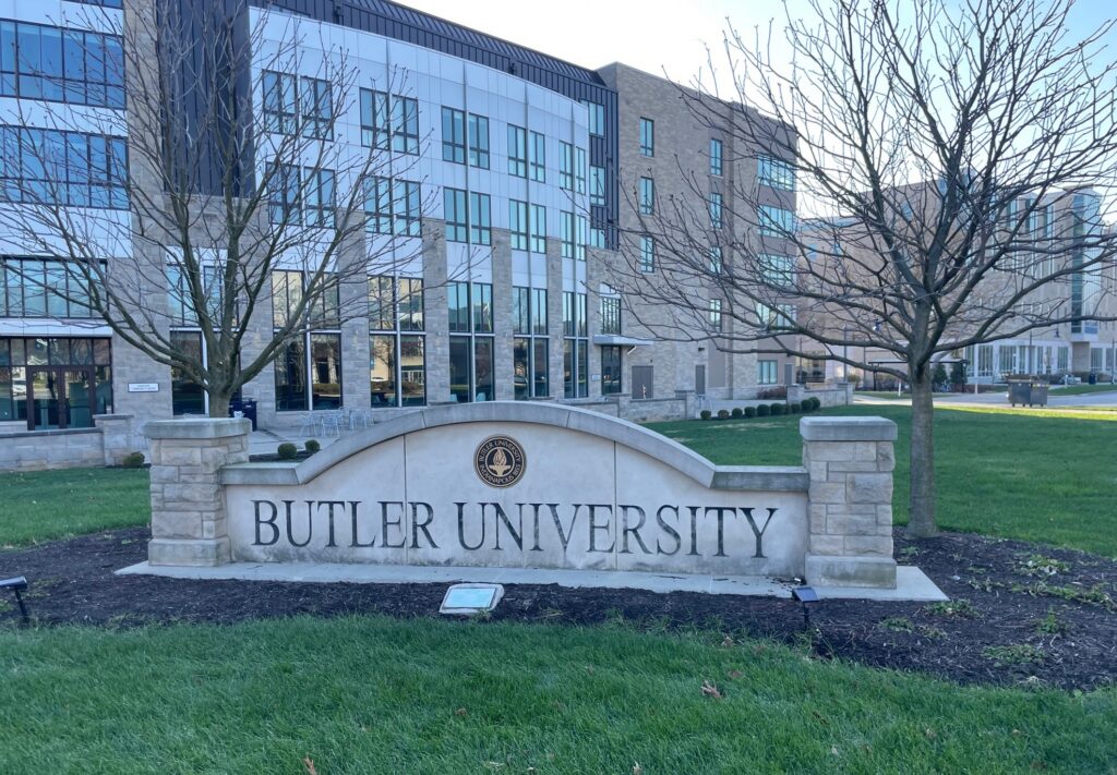 Butler University campus entrance in Indianapolis, Indiana, located just 7 to 10 minutes from Rosslyn Retreat in Broad Ripple.