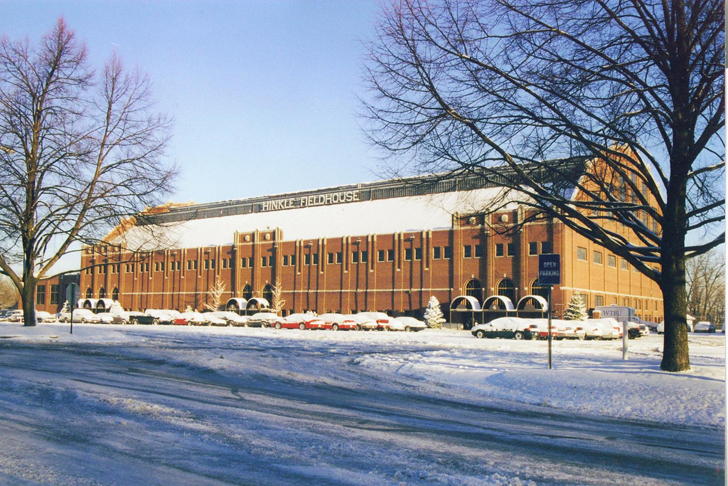 Hinkle Fieldhouse at Butler University on a snowy winter day in Indianapolis